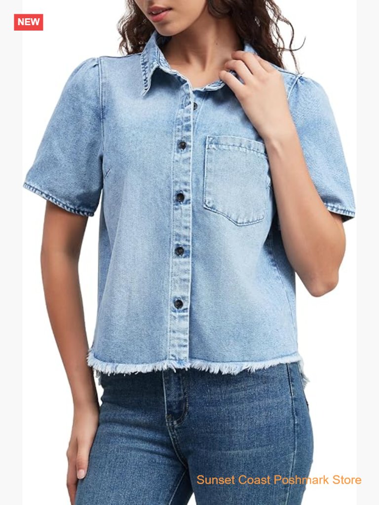Short Sleeve Denim Shirt Button Down Chambray Blouse Fringe Hem Jean Top